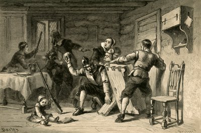 Puritanos barricando sua casa contra índios, 1877. de Albert Bobbett