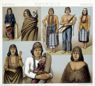 Fantasias dos índios da Califórnia. Ilustração em "O traje histórico" de Racinet de Albert Charles August Racinet