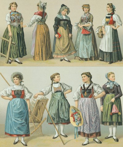 Fantasias dos Cantões, ilustração de The Complete Costume History de Racinet Auguste de Albert Charles August Racinet