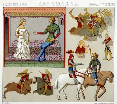 Fantasias da Idade Média em França. Placa cromolitográfica - em "Le costume historique" de Racinet de Albert Charles August Racinet