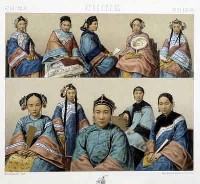 Diferentes tipos de mulheres na China - em "O traje histórico" de Racinet de Albert Charles August Racinet