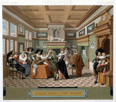 Holandês em trajes e em um interior do século XVIII. Ilustração em "Le figurino historique" de Racinet de Albert Charles August Racinet