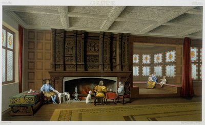 O senhor inglês e a sua família na sua casa do século XVII. Placa cromolitográfica - em "Le costume historique" de Racinet de Albert Charles August Racinet