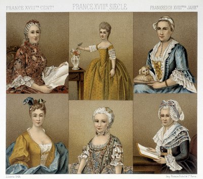 A moda feminina francesa no século XVIII. Ilustração em "Le costume historique" de Racinet de Albert Charles August Racinet