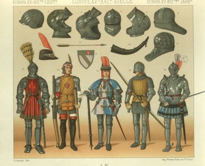 Ilustração da armadura dos guerreiros europeus de Albert Charles August Racinet