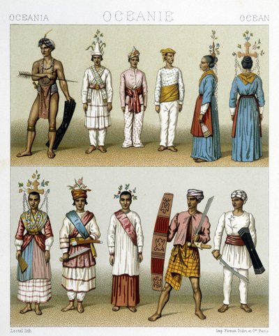 Habitantes das Ilhas Celebes na Indonésia. Ilustração em "Le costume historique" de Racinet de Albert Charles August Racinet