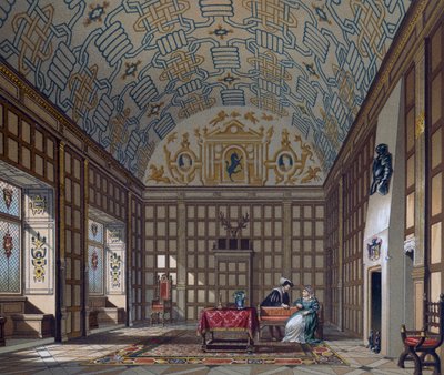 Interior da habitação inglesa do século XVI, Litografia de Gaulard de Le Costume historique (A História Completa do Traje) de Albert Charles August Racinet