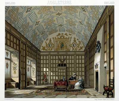 Interior de uma casa senhorial na Inglaterra no século XVII. Ilustração em "Le costume historique" de Racinet de Albert Charles August Racinet