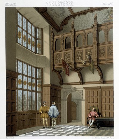 Interior de uma casa senhorial na Inglaterra no século XVIII. Ilustração em "Le costume historique" de Racinet de Albert Charles August Racinet