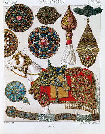 Ornamentos poloneses, Hussardos de cavalo, litografia tirada da história do traje de Schmidt, Volume V de Albert Charles August Racinet