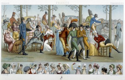 O burguês a caminhar para Longchamp, Deb. Século XIX - em "Le costume historique", de Racinet de Albert Charles August Racinet