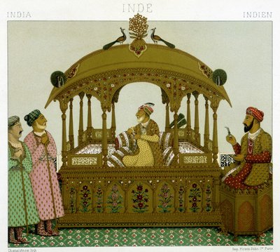 O trono dos imperadores Mugol. Placa cromolitográfica - em "Le costume historique" de Racinet de Albert Charles August Racinet