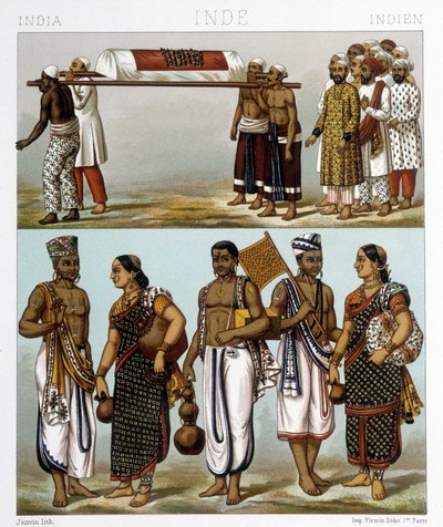 Fantasias tradicionais de muçulmanos (topo da foto) e hindus (fundo) que vivem na Índia. Ilustração em "Le costume historique" de Racinet de Albert Charles August Racinet