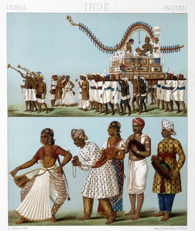 Transporte, música, dança e trajes tradicionais da Índia. Ilustração em "Le costume historique" de Racinet de Albert Charles August Racinet