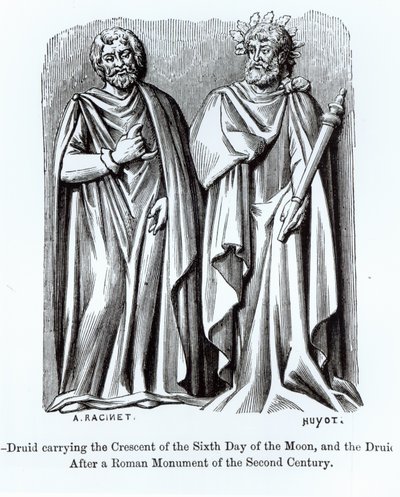 Dois druidas, um carregando o crescente do sexto dia da lua, depois de um monumento romano do segundo século, ilustração da ciência e literatura na idade média e o renascimento, escrito de Albert Charles August Racinet