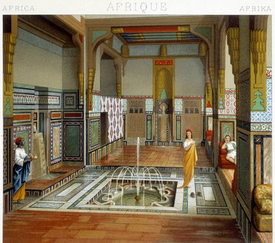 Mulher e sua serva estão ao lado de uma fonte em uma casa no Cairo (Egito). Placa cromolitográfica - em "Le costume historique" de Racinet de Albert Charles August Racinet