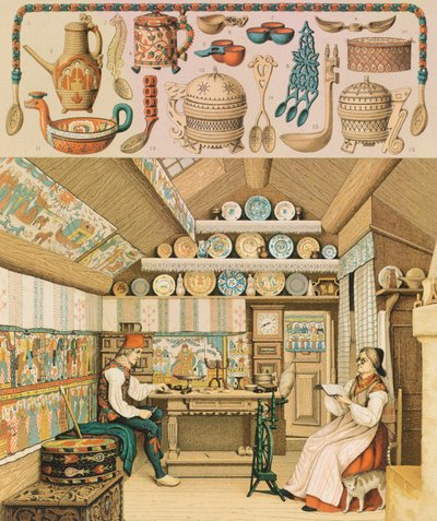 Wooden House in Sweden, Ilustração de The Complete Costume History de Racinet Auguste de Albert Charles August Racinet