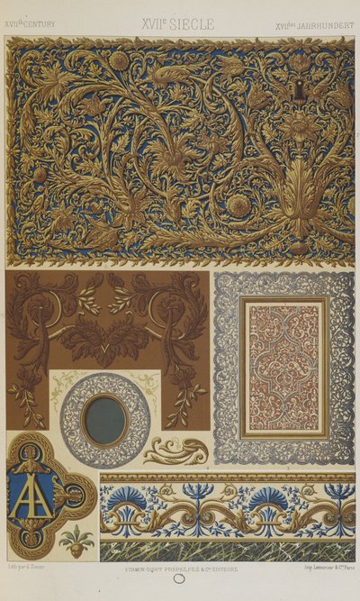 Século XVII, placa 74 de "Ornamento Policromático": Cem Placas em Ouro, Prata e Cores". de Albert Charles August Racinet