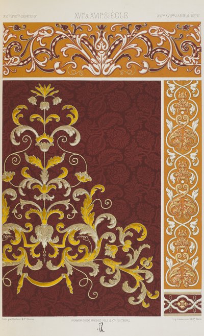 Séculos XVI e XVII, placa 73 de "Ornamento Policromático": Cem Placas em Ouro, Prata e Cores". de Albert Charles August Racinet