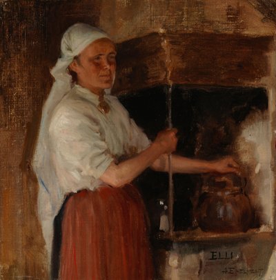 Elli Jäppinen junto ao fogão, estudo de Albert Edelfelt