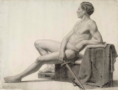 Modelo masculino sentado a segurar uma espada, estudo da Academia de Albert Edelfelt
