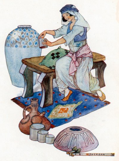 A mulher de Cassim ficou espantada ao ver um pedaço de ouro colado no fundo da medida (litografia a cores) de Albert Edward Jackson