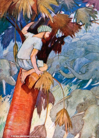 Eles aproximaram-se da minha árvore. "Os elefantes aproximaram-se da minha árvore e rodearam-na com as suas trombas..." (litografia a cores) de Albert Edward Jackson