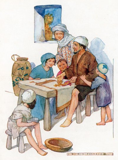 Eles invocaram muitas bênçãos sobre a cabeça de Sindbad (litografia a cores) de Albert Edward Jackson