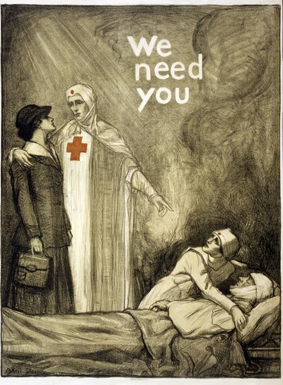 Cartaz de recrutamento da Cruz Vermelha, "We Need You", pub. 1918 (cor litho) de Albert Edward Sterner