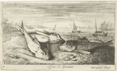 Três peixes de água salgada na praia
Lyta, Le grenaut. (título sobre o objecto)
Peixes e outras criaturas marinhas - primeira série de água salgada (título da série)
Diverses Especes de Poissons de mer (título da série) de Albert Flamen