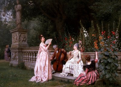 Conversa no jardim. Três mulheres junto a uma balaustrada ouvem a música de um violoncelista enquanto, ao fundo do jardim, um casal conversa (sedução). Pintura de Albert Girard (1839-1920 francês) Coleção particular de Albert Girard