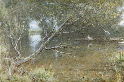 A Thames Backwater, c.1860-c.1932 (aquarela, cor do corpo, caneta e tinta no papel) de Albert Goodwin