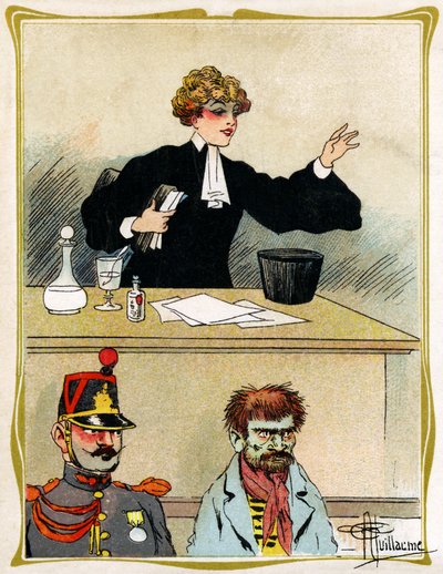 Uma advogada com um rosto bonito, implora e defende que o seu cliente parece paciente. Publicidade, gravura 1902-1903 de Albert Guillaume