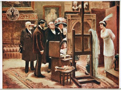 Arte. Artes Plásticas. Pintor mostrando a sua criação. Cartão postal de Alfred Guillaume, França, c.1920 (cartão postal) de Albert Guillaume