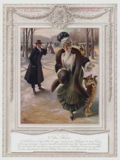 Belle Epoque Paris, senhora da moda no Bois de Boulogne (cor litho) de Albert Guillaume