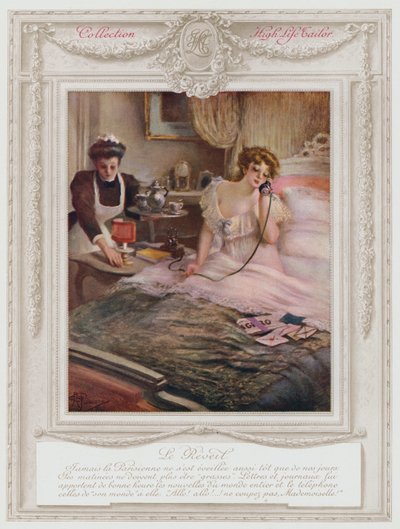 Belle Epoque Paris, senhora da moda a acordar (cor litho) de Albert Guillaume