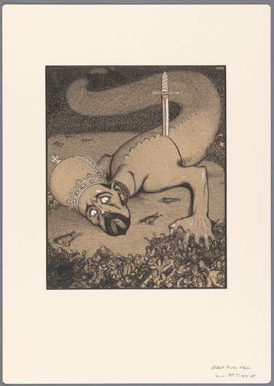 Design para um cartoon político: cobra com cabeça coroada esfaqueada pela espada de Justitia de Albert Hahn (I)