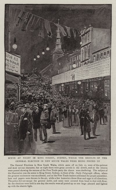 Cena à noite em King Street, Sydney, enquanto os resultados das eleições gerais em New South Wales estavam sendo postados de Albert Henry Fullwood