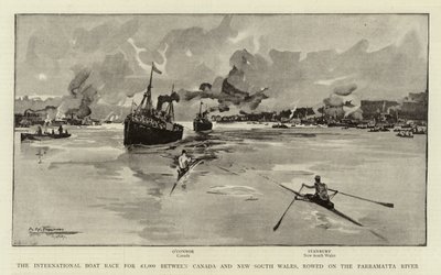 A International Boat Race por £ 1,000 entre o Canadá e New South Wales, remada no rio Parramatta de Albert Henry Fullwood