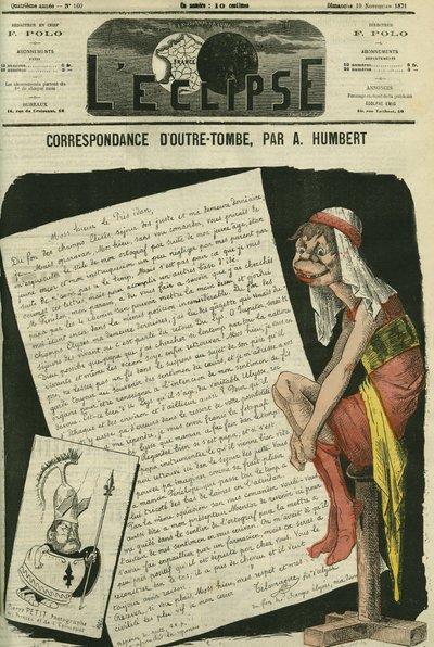 Correspondência do túmulo, Telemaque filho de Ulisses escrevendo para o Presidente da República. Desenho em substituição de um desenho animado de Gill censuree. Capa em "L