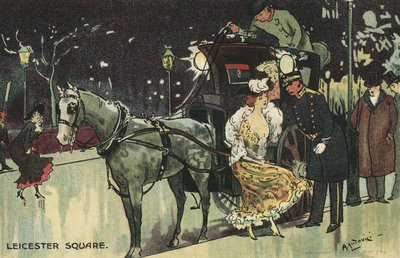 Mulher deixando uma carruagem, Leicester Square (cor litho) de Albert Jnr. Ludovici