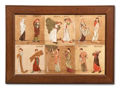 Seis azulejos Minton Hollis & Co representando os meses, c.1880-99 (cerâmica pintada) de Albert Joseph (attr.to) Moore