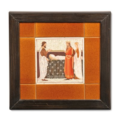 Azulejo pintado com uma cena medieval, c.1880-99 (cerâmica pintada) de Albert Joseph (attr.to) Moore