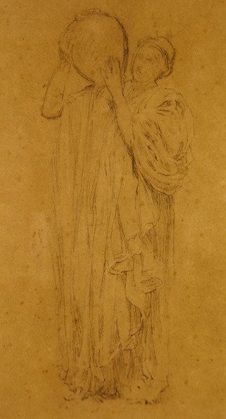 Garota com Pitcher, c.1867 (gizes pretos e brancos sobre papel marrom) de Albert Joseph Moore