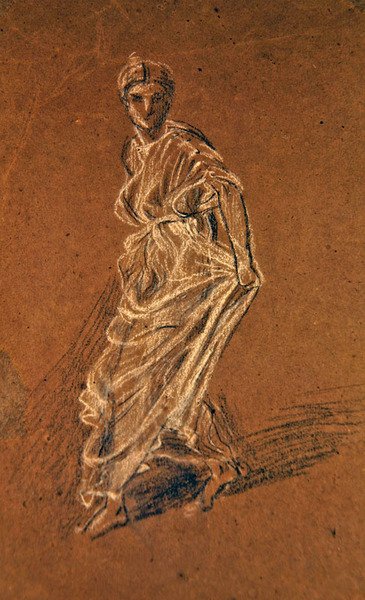 Estudo de uma rapariga a dar um passo em frente e a usar um vestido comprido, c.1870 (giz preto e branco sobre papel castanho) de Albert Joseph Moore