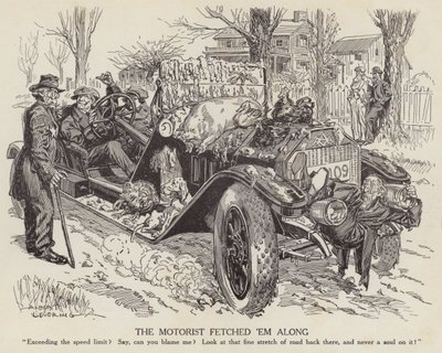 Desenho animado a gozar com um homem que conduz o seu carro acima do limite de velocidade (litho) de Albert Levering