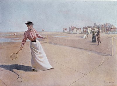 Jogo de ténis amador na praia - desenho de Lynch, século XX de Albert Lynch