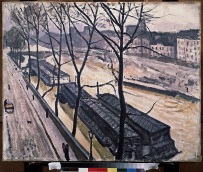 "Paris no Inverno, quai Bourbon" (Paris no Inverno. Quai Bourbon) Peniches nos cais do Sena. Pintura de Pierre Albert Marquet (1875-1947) 1907 Óleo sobre tela. Fauvismo. Moscovo. Museu de Belas Artes de Pushkin de Albert Marquet