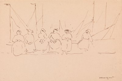 Seis mulheres num cais (caneta e tinta sobre papel) de Albert Marquet