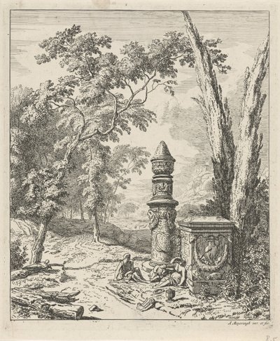 Paisagem com figuras de repouso perto de um monumento grave
Paisagens (título da série) de Albert Meyering